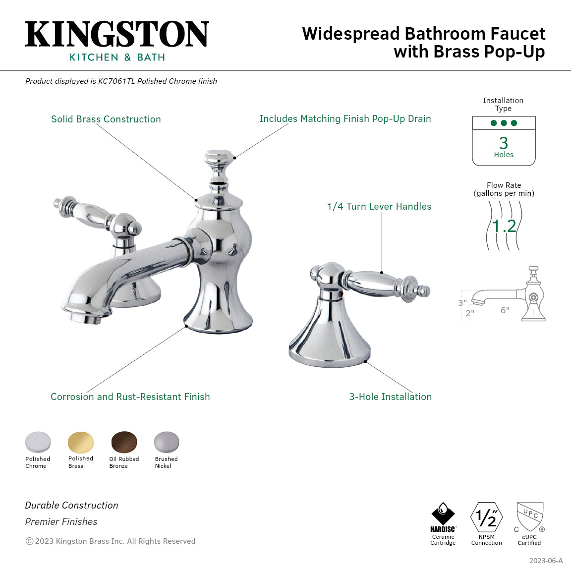 Kingston Tulare KC7068TL - Templeton Two-Handle 3-Hole Deck Mount Widespread Bathroom Faucet with Brass Pop-Up, Brushed Nickel — image 1